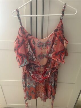 City Chic Peach and Red Floral Ruffle shorts jumper